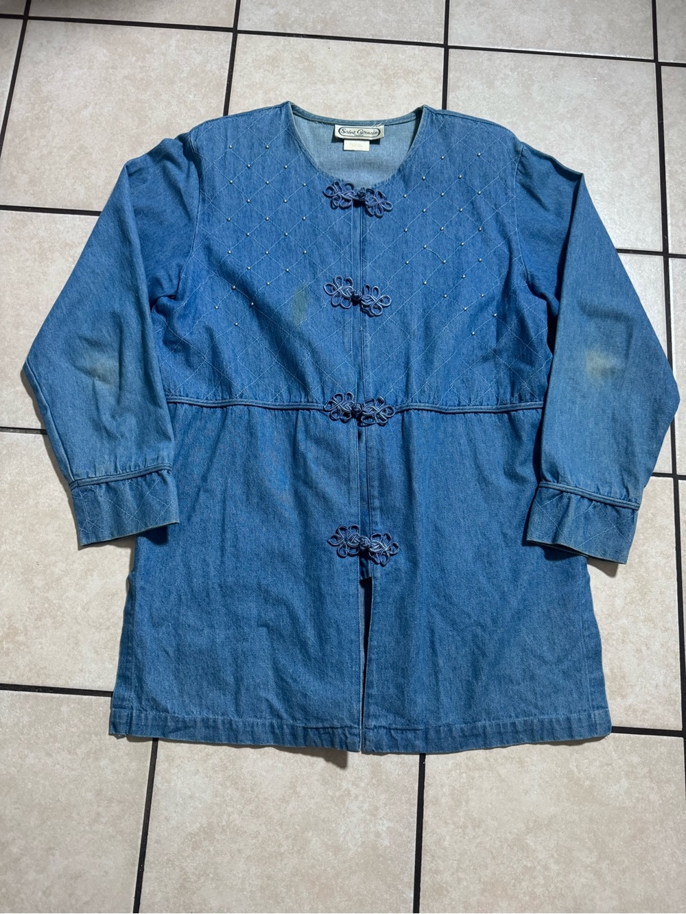 Longline Blue Denim Jacket with Decorative Frog Closures
